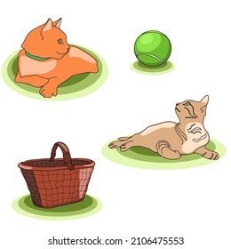 Two cats with ball and basket in flat technique vector illustration 