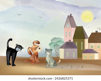 Dos gatos - negros y grises y un cachorro rojo están sentados en un basurero fuera de la ciudad. Un grupo amistoso de mascotas se reunió para dar un paseo. Dibujo de dibujos animados vectoriales en estilo acuarela.