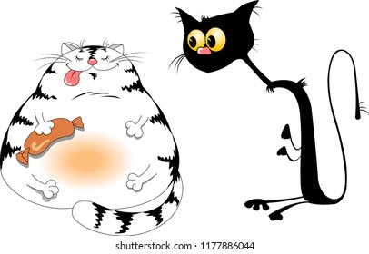 Two cats. Black and white. Hungry and fat. Vector
