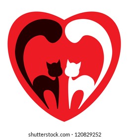 Two cats, black and white in one red heart