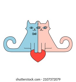 Two cats blue and pink with red heart. Love Valentine illustration. For card, t-shirt, invitation, print, fabric.