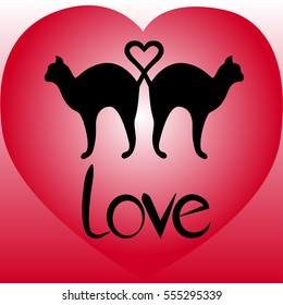 Two cats cross heart-shaped tails on a background of red heart. Vector illustration