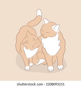 Two cats cuddle. Cat rubs against a cat. Line art sketch of fluffy kittens. Pets friendly concept