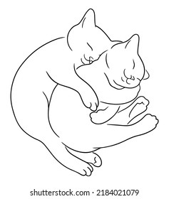 Two cats cuddle and sleep together. Line art sketch of sleeping kittens hug each other. Pets friendly concept