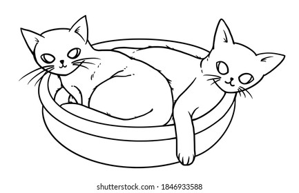 Two cats curled up in a basket. Line art. Cartoon style illustration.