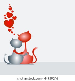 Two cats dearly embraced with little red hearts, vector