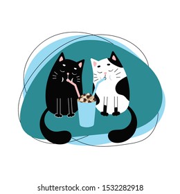 Two cats drink tea with tapioca through a tube. Vector image on white background