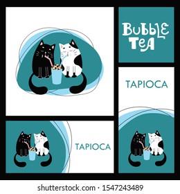 Two cats drink tea with tapioca through a tube. Copy space for your text.Vector cartoon image