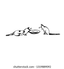 Two cats eat from a bowl. Vector illustration.
