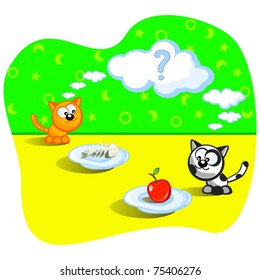 Two cats eating. Beside one fish bones. Beside other apple. Perplexity. Question. Cartoon Vector scene. Humor.