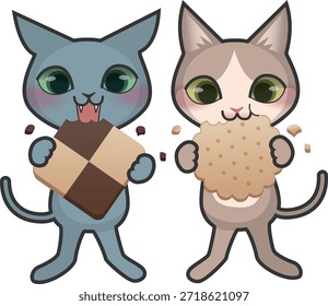 Dos gatos comiendo una galleta grande.