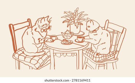 Two Cats Enjoying a Cozy Tea Party at a Table with Teapot and Cups Hand Drawn Minimalist Orange Line Art Doodle Illustration Concept
