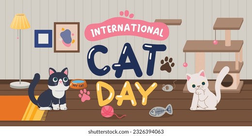 Two Cats Enjoying Playtime in a Cat Room with Toys and a Tower, Vector, Illustration