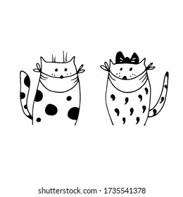Two cats in face masks vector illustration, isolated on white background