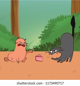 Two cats fighting over a cake slice in the middle of a forest. Simple vector illustration.