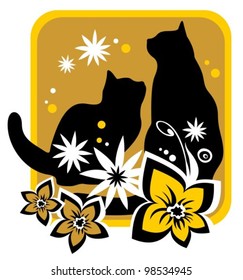 Two cats and flower  silhouettes on a yellow background.
