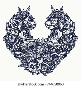 Two cats in the form of heart tattoo and t-shirt design. Symbol of feeling, love, passion 