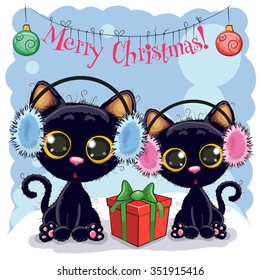 Two Cats in a fur headphones with gift
