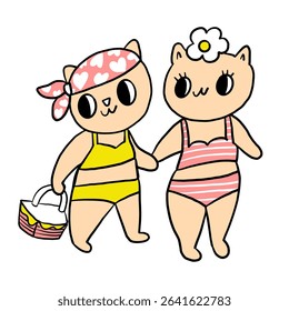 Two cats hand drawn cartoon walking on the beach in bikini with picnic basket 