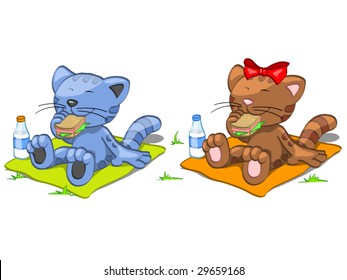 two cats have lunch
