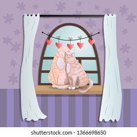 Two cats with heart shaped tails sitting on a windowsill in a room, cuddling each other and looking out a classic arched window in the daytime, celebrate Valentines day in tone of pink