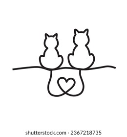 Two Cats With Heart Shaped Tails. Vector Illustration Art.