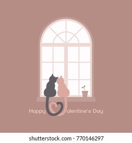 Two cats with heart shaped tails sitting on a windowsill in a room, cuddling each other and looking out a classic arched window in the daytime with plant pot, celebrate Valentines day in tone of pink