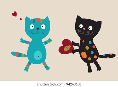 Two cats with heart. Vector illustration