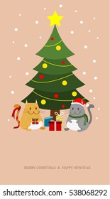 two cats holding a gift box by christmas tree.
