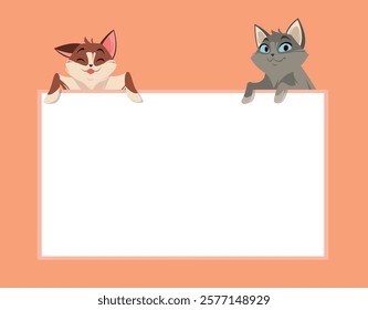 Two cats holding white blank sheet paper. Empty banner for advertising, happy adorable pet veterinary ad template. Kitty with blank frame. Cartoon flat style isolated vector concept