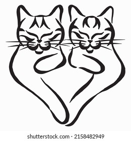 Dos gatos abrazándose. Logo de Sketch. Dibujo lineal. Símbolo de tienda de mascotas. 