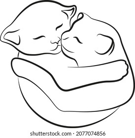 Two cats hugging. Kittens. Line drawing 
