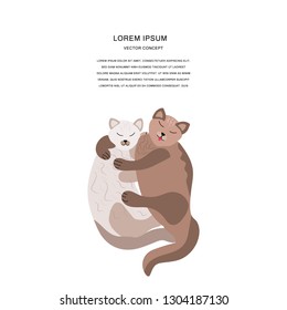Two cats hugging vector illustration on white background with text. 