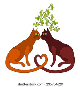 Two cats kiss under the mistletoe