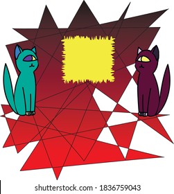 Two cats with a lighted window on a red abstract background.