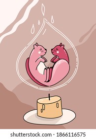 Two cats like the light from a candle. Concept vector art. Symbol of love. Happy Valentine's day