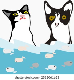 Two cats looking at fish in the water. Vector illustration. Cute cartoon illustration.