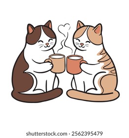 Two cats in love with cups of coffee drink, heart shape, love. Time for coffee, rest, friendship. Couple of animals clicking cups