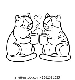 Two cats in love with cups of coffee drink, colorless, monochrome. Time for coffee, rest, friendship. A couple of animals clicking cups