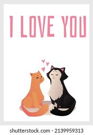 Two cats in love, cute animal couple with hearts, greeting card template - cartoon flat vector illustration. Valentines day poster or banner.