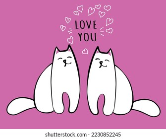 Two cats in love, cute animal couple with hearts, greeting card template - cartoon flat vector illustration. Valentines day