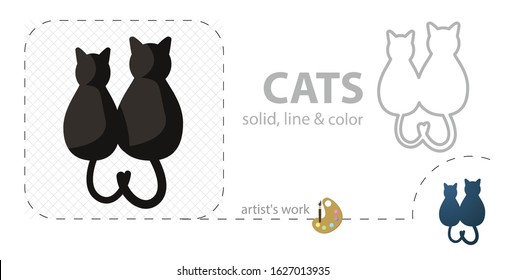 two Cats in Love flat  solid  line icon