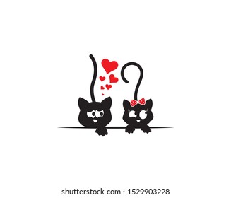 Two cats in love, funny illustration, vector, cartoon, children wall decals, kids wall artwork isolated on white background, minimalist poster design