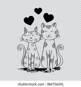 Two cats in love. Hand drawing illustration.