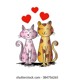 Two cats in love. Hand drawing illustration.