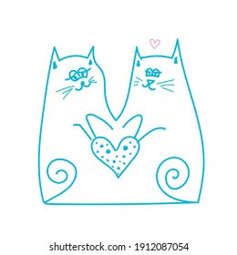 Two cats in love holding heart Valentine day line illustration