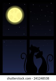 two cats in love looking at night sky through the window