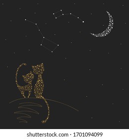 Two cats in love sit next to each other at night. Vector image drawn with dots. A cat and a cat look at the constellations of URSA major and URSA minor. Greeting card with gold elements.