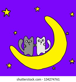 Two cats in love sit on the moon at night.Vector illstration.