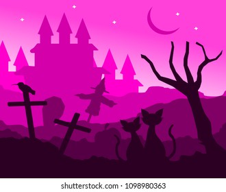 two cats in love sitting with dry tree and crescent moon at night,lover couple,cartoon style,halloween concept,animals vector.	
